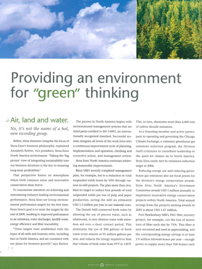 First page of an article about technology boosting sustainability at Duluth Mill