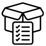 an icon indicating paper quality, excellent sheet profiles. a product package box and a checklist with only tick marks