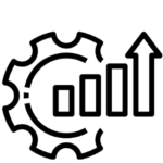 an icon that represents machine runnability and productivity increase . a cog surrounding a graph indicating  growth