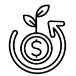 an icon that represents sustainability and efficiency and circular economy . a dollar sign surrounded by circular arrow and a plant sapling is growing from the dollar