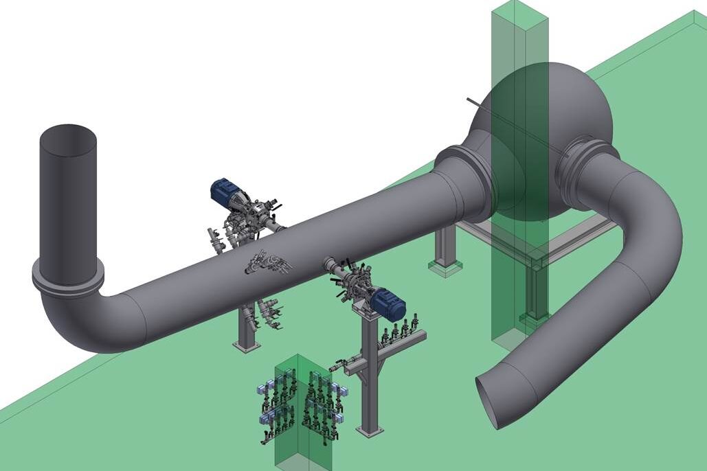 3D layout drawaing: TrumpJet chemical mixing system, installed before the headbox for maximum chemical efficiency in paper production