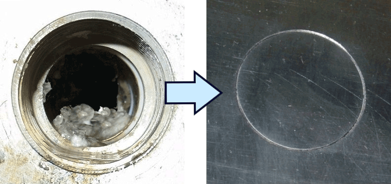 Comparison before and after: Web Break Eliminator removes blind pockets, leaving smooth and polished interior pipe surface, which does not allow dirt build-up