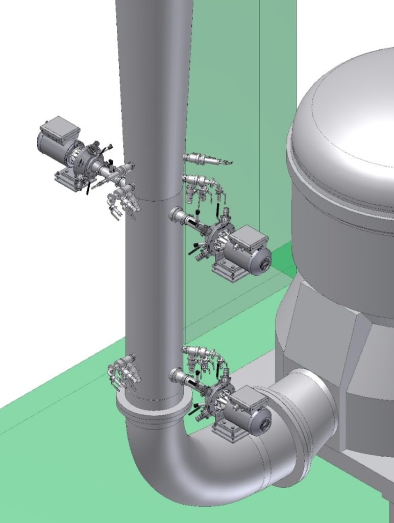 Efficient mixing of chemicals close to headbox improves machine runnability and cost efficiency.
The picture shows three TrumpJet mixing stations close to each other.