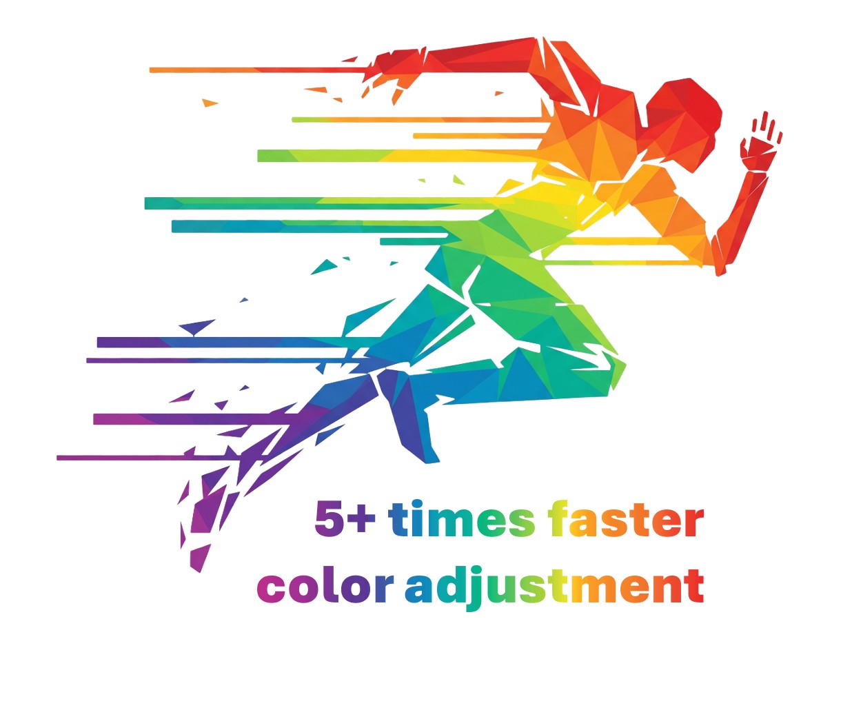 A rainbow-gradient silhouette of a running man, symbolizing the fast color adjustment achieved with TrumpJet Flash Mixing